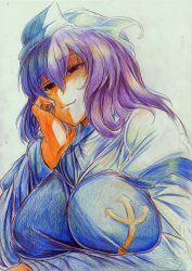 Rule 34 | 1girl, absurdres, apron, bad id, bad pixiv id, breasts, colored pencil (medium), empty eyes, female focus, graphite (medium), hat, highres, kitazinger, large breasts, letty whiterock, long sleeves, looking at viewer, purple hair, red eyes, short hair, simple background, smile, solo, touhou, traditional media, vest, white background