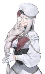 Rule 34 | 1girl, aia amare, beret, blue eyes, braid, colored eyelashes, commentary, corset, dress, eyewear strap, gloves, grey hair, hair between eyes, hair over shoulder, hat, long hair, long sleeves, looking at viewer, nijisanji, nijisanji en, noy, own hands together, puffy sleeves, sailor collar, simple background, smile, symbol-only commentary, very long hair, virtual youtuber, white background, white dress, white gloves, white hat