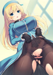Rule 34 | 10s, 1girl, akanagi youto, atago (kancolle), bad id, bad pixiv id, black gloves, black pantyhose, blonde hair, blue eyes, blush, breasts, crotch seam, gloves, hat, highres, kantai collection, large breasts, long hair, looking at viewer, military, no panties, open mouth, pantyhose, pussy, solo, thighband pantyhose, torn clothes, torn pantyhose, uncensored, uniform