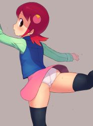 Rule 34 | 1girl, ass, black thighhighs, blue vest, brown eyes, chiwino, commentary request, crotch seam, feet out of frame, from behind, grey background, hair ornament, highres, long hair, long sleeves, looking at viewer, looking back, mayl sakurai (mega man), mega man (series), mega man battle network, mega man battle network (series), miniskirt, panties, pink skirt, red hair, shadow, skirt, sleeveless, solo, standing, standing on one leg, sweatdrop, swept bangs, thighhighs, thighs, underwear, vest, white panties