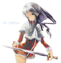 Rule 34 | 1girl, bad id, bad pixiv id, dress, grey eyes, kanon, kawasumi mai, one eye closed, red skirt, silver hair, simple background, skirt, solo, sword, weapon, white background, wink, yae (mono110)