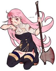 Rule 34 | 1girl, ahoge, artist name, axe, blood, blood on face, blood on leg, bloody weapon, blunt bangs, cuts, do m kaeru, fire emblem, fire emblem: three houses, full body, garreg mach monastery uniform, hair down, hilda valentine goneril, holding, holding axe, injury, long hair, nintendo, one eye closed, pink eyes, pink hair, simple background, sleeves rolled up, solo, thighhighs, thighs, torn clothes, uniform, weapon, white background, zettai ryouiki