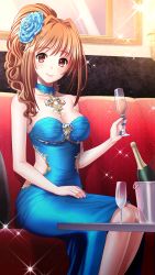 Rule 34 | 1girl, blue choker, blue dress, blue flower, blue nails, blue rose, bottle, breasts, brown eyes, brown hair, choker, cleavage, closed mouth, collarbone, couch, cup, doukyuusei another world, dress, flower, game cg, hair flower, hair ornament, hand on lap, high ponytail, holding, holding cup, indoors, kakyuusei 2, large breasts, long dress, long hair, looking at viewer, medium dress, nail polish, official art, rose, saimon tamaki, sitting, smile, solo, sparkle, strapless, strapless dress
