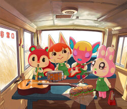 Rule 34 | 4girls, acoustic guitar, animal crossing, belt, blush, blush stickers, cat girl, chrissy (animal crossing), closed eyes, closed mouth, commentary request, deer girl, dress, drum, drumsticks, earrings, electric guitar, eyelashes, felicity (animal crossing), flute, food, fuchsia (animal crossing), furry, furry female, green belt, green dress, green ribbon, guitar, highres, holding, holding drumsticks, holding instrument, indoors, instrument, jewelry, long sleeves, metronome, microphone, microphone stand, multiple girls, music, neck ribbon, nintendo, open mouth, pinafore dress, playing instrument, pleated dress, poppy (animal crossing), rabbit girl, recorder, ribbon, sandwich, school uniform, senrotou, shirt, singing, sitting, sleeveless, sleeveless dress, squirrel girl, standing, table, white shirt, window, wooden floor