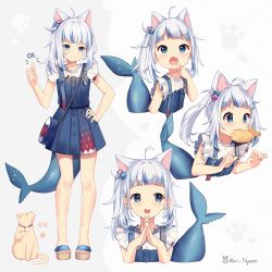 Rule 34 | 1girl, animal ears, blue dress, blue eyes, blue hair, cat, cat ears, collar, dress, fang, fins, fish tail, food, gawr gura, gawr gura (casual), hand on own hip, highres, hololive, hololive english, in mouth, kemonomimi mode, kuri (animejpholic), multicolored hair, multiple views, nail polish, official alternate costume, open mouth, own hands together, pointing, pointing at self, scar, shark tail, side ponytail, silver hair, skin fang, streaked hair, tail, taiyaki, thumbs up, toenail polish, toenails, twitter username, virtual youtuber, wagashi