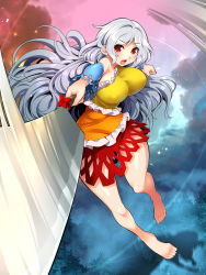 Rule 34 | 1girl, bare legs, bare shoulders, barefoot, bow, breasts, commentary request, detached sleeves, dress, foreshortening, full body, grey hair, hatchet, highres, holding, holding weapon, incoming attack, large breasts, long hair, looking at viewer, multicolored clothes, multicolored dress, nata (tool), open mouth, outdoors, red bow, red eyes, sakata nemuno, slashing, solo, touhou, umigarasu (kitsune1963), v-shaped eyebrows, very long hair, weapon