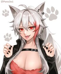 Rule 34 | 1girl, animal ear fluff, animal ears, black jacket, breasts, chest strap, cleavage, collarbone, cowlick, fangs, gabu rinka, grey hair, hair between eyes, highres, indie virtual youtuber, jacket, large breasts, long hair, multicolored hair, paw print, portrait, red eyes, red hair, red shirt, shirt, smile, solo, streaked hair, tama (ponz3o1), tongue, tongue out, twitter username, virtual youtuber, wolf ears, wolf girl
