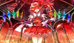 Rule 34 | 1girl, aru16, ascot, blonde hair, bow, flandre scarlet, frills, hat, hat bow, highres, open hands, red eyes, side ponytail, solo, touhou, wings