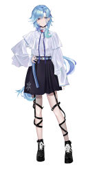 Rule 34 | 1girl, absurdres, alternate costume, alternate hairstyle, belt, black footwear, black skirt, blue hair, bow, bowtie, casual, choker, commentary request, contemporary, ear piercing, eula (genshin impact), fishnet legwear, fishnets, genshin impact, grey eyes, hair between eyes, hair ornament, hairclip, hand on own hip, highres, long sleeves, looking at viewer, low ponytail, nail polish, piercing, shirt, shoes, short hair, sidelocks, simple background, skirt, smile, sneakers, solo, suzu (user kdex8732), v-shaped eyebrows, vision (genshin impact), white background, white shirt