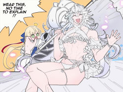 Rule 34 | 1boy, 1girl, alternate muscle size, artoria caster (third ascension) (fate), blonde hair, crossdressing, crossed legs, closed eyes, fate/grand order, fate (series), kyou (ningiou), lady avalon (fate), long hair, male focus, merlin (fate), merlin (fate/prototype), merlin (fate/prototype) cosplay, muscular, muscular male, open mouth, sitting, speech bubble, surprised, waving, white hair