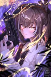 Rule 34 | 1girl, ahoge, alternate costume, blurry, blush, brown hair, collared shirt, depth of field, dress shirt, energy, feather hair ornament, feathers, fingernails, grin, gun, hair ornament, hairclip, handgun, highres, holding, holding gun, holding weapon, hololive, hololive english, koromay ho, long hair, looking at viewer, multicolored hair, nanashi mumei, plant, ponytail, shirt, smile, streaked hair, very long hair, virtual youtuber, weapon, weapon request, white shirt, yellow eyes