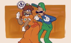 Rule 34 | !, 1boy, 1girl, ass, ass shake, blue eyes, breasts, brown hair, crown, dancing, dress, earrings, facial hair, flower earrings, gloves, hat, highres, jewelry, looking at another, luigi, mario (series), medium breasts, mustache, nintendo, orange dress, overalls, porky draws, princess daisy, puffy short sleeves, puffy sleeves, short sleeves, super mario bros. 1, super mario land