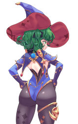 Rule 34 | 1girl, absurdres, ass, blue leotard, breasts, cosplay, curly hair, detached sleeves, from behind, genshin impact, gloves, gold, green eyes, green hair, hands on own hips, hat, highleg, highleg leotard, highres, huge ass, leotard, looking to the side, medium breasts, mona (genshin impact), mona (genshin impact) (cosplay), one-punch man, pantyhose, tatsumaki, white background, wide hips, witch hat, zuchysdraws