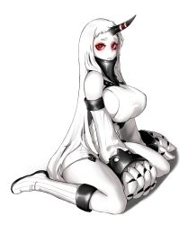 Rule 34 | 1girl, abyssal ship, asura senki, bags under eyes, boots, breasts, claws, colored skin, detached sleeves, dress, covered erect nipples, full body, highres, horns, huge breasts, kantai collection, knee boots, long hair, looking at viewer, no bra, pale skin, red eyes, ribbed dress, ribbed sleeves, ribbed sweater, seaport princess, short dress, sideboob, single horn, sitting, solo, sweater, sweater dress, thick thighs, thighs, very long hair, wariza, white background, white footwear, white hair, white skin