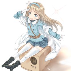 Rule 34 | absurdres, belt, blonde hair, blue eyes, blush, boots, box, dexp, fang, girls&#039; frontline, gloves, headband, highres, jacket, looking at viewer, salute, sitting, solo, suomi (girls&#039; frontline), thighhighs, white background, white thighhighs