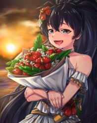 Rule 34 | 1girl, absurdres, bare shoulders, black hair, blue eyes, blush, bouquet, commentary request, dress, fang, flower, ganaha hibiki, hair flower, hair ornament, hibiscus, highres, hold111, holding, holding bouquet, idolmaster, idolmaster (classic), korean commentary, long hair, looking at viewer, open mouth, outdoors, sky, sleeveless, sleeveless dress, smile, solo, sun, sunset, upper body, very long hair, white dress