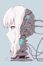 Rule 34 | 1girl, absurdres, android, aqua eyes, blue background, cable, closed mouth, commentary request, disembodied head, highres, limited palette, mechanical parts, medium hair, original, rasen manga, solo