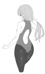 Rule 34 | 1girl, ajidot, ass, backless leotard, bare arms, bare shoulders, closed mouth, cropped legs, greyscale, highres, holding, holding hair, leotard, long hair, monochrome, original, pantyhose, profile, simple background, solo, very long hair, white background