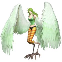 Rule 34 | 1girl, 3d, breasts, curvy, donquixote pirates, feathers, green hair, harpy, large breasts, long hair, long legs, midriff, monet (one piece), monster girl, official art, one piece, one piece: pirate warriors, tail, wings, yellow eyes