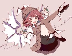 Rule 34 | 1girl, adapted costume, animal ears, beamed eighth notes, bird ears, black footwear, bloomers, brown eyes, brown hat, brown skirt, brown thighhighs, commentary request, eighth note, full body, green nails, hands up, hat, legs up, long sleeves, looking at viewer, mozukuzu (manukedori), musical note, mystia lorelei, nail polish, open mouth, pink background, red hair, shirt, shoes, short hair, skirt, solo, thighhighs, touhou, underwear, very long fingernails, white shirt, winged hat, wings