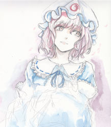 Rule 34 | 1girl, dole (artist), eyebrows, hat, japanese clothes, kimono, lips, looking to the side, mob cap, neck ribbon, partially colored, pink eyes, pink hair, ribbon, saigyouji yuyuko, short hair, sketch, smile, solo, touhou, traditional media, triangular headpiece, unfinished, upper body, white background