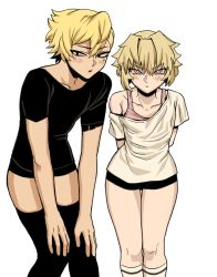 Rule 34 | 2boys, arms behind back, black legwear, black shirt, blonde hair, blush, hair between eyes, hands on own knees, highres, jeong sana, jeong surim, looking at viewer, male focus, mole, mole under eye, multiple boys, off-shoulder shirt, off shoulder, red eyes, shirt, short shorts, shorts, simple background, straight-on, suicide boy, t-shirt, tank top, thighhighs, trap, vulcan (ejel2000), white background