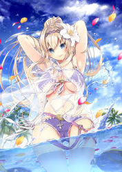 Rule 34 | 1girl, 218, animal, arms behind head, arms up, bare shoulders, bikini, blonde hair, blue eyes, blue sky, breasts, cameltoe, closed eyes, closed mouth, cloud, cloudy sky, collarbone, commentary request, cowboy shot, day, dutch angle, flower, granblue fantasy, hair between eyes, hair flower, hair intakes, hair ornament, high ponytail, jeanne d&#039;arc (granblue fantasy), large breasts, long hair, looking at viewer, outdoors, palm tree, partially submerged, partially underwater shot, petals, ponytail, purple bikini, ribbon, see-through, sky, smile, solo, swimsuit, tree, turtle, underwater, very long hair, wading, water, white flower, white ribbon