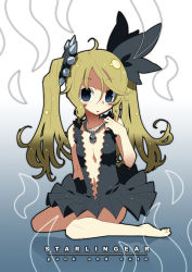 Rule 34 | 1girl, blonde hair, blue eyes, center opening, dress, english text, flat chest, full body, gradient background, hamamoto ryuusuke, jewelry, necklace, original, petite, sitting, skull, skull necklace, solo, twintails