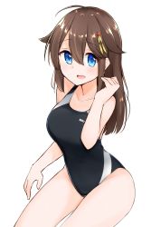 Rule 34 | 1girl, ahoge, alternate hairstyle, black hair, black one-piece swimsuit, blue eyes, braid, commentary request, competition swimsuit, cowboy shot, hair down, hair flaps, hair over shoulder, highres, invisible chair, kantai collection, looking at viewer, one-piece swimsuit, sakikumo (sakumo), shigure (kancolle), shigure kai ni (kancolle), simple background, single braid, sitting, smile, solo, swimsuit, white background