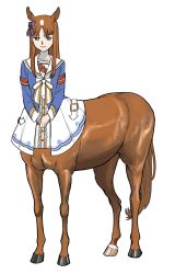 Rule 34 | 1girl, absurdres, animal ears, blue eyes, blue jacket, bow, breasts, brown hair, centaur, center frills, closed mouth, collarbone, commentary request, ear ribbon, frills, full body, grass wonder (umamusume), highres, horse ears, horse tail, jacket, long hair, long sleeves, looking at viewer, monster girl, monsterification, multicolored hair, own hands together, parted bangs, sailor collar, shirt, sidelocks, simple background, skirt, small breasts, smile, solo, standing, tail, taur, two-tone hair, umamusume, white background, white hair, white sailor collar, white skirt, yatta-san