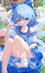 2girls absurdres aqua_eyes bare_shoulders barefoot blue_hair blush cirno competition_school_swimsuit covered_navel daiyousei flower food hair_ribbon highres kuroida multiple_girls name_tag one-piece_swimsuit open_mouth pointy_ears popsicle ribbon school_swimsuit school_uniform serafuku smile swimsuit swimsuit_under_clothes toes touhou tracen_swimsuit unworn_socks