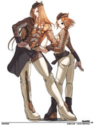 Rule 34 | 1boy, 1girl, abs, ass, black eyes, boots, dual persona, falcoon, full body, genderswap, genderswap (mtf), hands on own hips, hat, jojo no kimyou na bouken, long hair, looking back, multiple persona, muscular, narciso anasui, orange eyes, orange hair, shoes, short hair, simple background, smile, stone ocean, thigh boots, thighhighs, very long hair, white footwear, white thighhighs