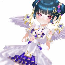Rule 34 | 1girl, alternate hairstyle, angel of eden (love live!), angel wings, artist name, artist request, back bow, bare shoulders, blue bow, blue flower, blue hair, blue skirt, blue wrist cuffs, blush, bow, braid, breasts, cleavage, collarbone, crown braid, crystal hair ornament, double bun, dress, female focus, flower, frilled dress, frills, hair bun, hair flower, hair ornament, hair ribbon, looking at viewer, love live!, love live! school idol festival, love live! school idol festival all stars, love live! sunshine!!, miniskirt, own hands together, parted lips, pink eyes, pink flower, plaid, plaid dress, plaid skirt, pleated, pleated dress, pleated skirt, purple eyes, ribbon, short hair, short sleeves, skirt, sleeveless, sleeveless dress, small breasts, smile, solo, strapless, strapless dress, striped, striped bow, tsushima yoshiko, white background, white detached collar, white dress, white flower, white ribbon, white skirt, white wings, white wrist cuffs, wings, wrist cuffs