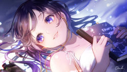 Rule 34 | 1girl, artist name, bed sheet, black hair, book, breasts, cable, cellphone, collarbone, constellation, crescent, diary, dress, earphones, english text, highres, holding, holding book, light particles, long hair, lying, medium breasts, on back, original, otoufu (gotouhu), parted lips, phone, pink lips, purple eyes, signature, sleeveless, sleeveless dress, small breasts, smartphone, smile, solo, sundress, swept bangs, upper body, white dress