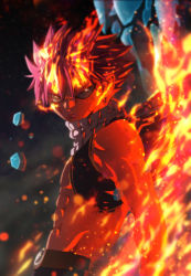 Rule 34 | 1boy, abs, asymmetrical clothes, burning, cave, epic, fairy tail, fire, fire, gradient background, highres, looking at viewer, male focus, lava, natsu dragneel, pink hair, realistic, scar, solo, standing, veins, wings