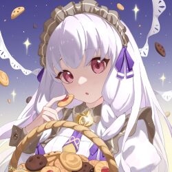 Rule 34 | 1girl, :o, artist name, basket, commentary, cookie, dress, fire emblem, fire emblem: three houses, fire emblem heroes, food, hair ribbon, highres, long hair, looking at viewer, lysithea von ordelia, lysithea von ordelia (tea party), maid headdress, nintendo, official alternate costume, pink eyes, purple ribbon, ribbon, solo, tzzis, white dress, white hair