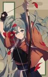 Rule 34 | 1girl, absurdres, archery, arms up, arrow (projectile), black hakama, bow (weapon), brown background, calligraphy scroll, camellia, chinese commentary, closed mouth, commentary request, cowboy shot, drawing bow, dutch angle, efenberg, egasumi, expressionless, floating hair, flower, gloves, grey eyes, grey hair, hakama, hatsune miku, highres, holding, holding bow (weapon), holding weapon, japanese clothes, kimono, kyuudou, long hair, looking at viewer, mani mani (vocaloid), muneate, orange kimono, partially fingerless gloves, partly fingerless gloves, petals, red flower, solo, tasuki, twintails, very long hair, vocaloid, weapon, wide sleeves, yugake
