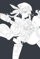 Rule 34 | 10s, 1girl, belt, beret, between breasts, blue background, breasts, cucouroux (granblue fantasy), female focus, granblue fantasy, gun, hat, hat feather, holster, koza game, long hair, miniskirt, monochrome, ribbon, simple background, skirt, smile, solo, strap, strap between breasts, striped ribbon, thighhighs, twintails, weapon