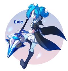 Rule 34 | 1girl, black footwear, blue eyes, blue hair, book, boots, breasts, cleavage, dress, evie (paladins), fingerless gloves, fur trim, gloves, knee boots, large breasts, nail polish, nanashiba, paladins, pantyhose, polearm, solo, spear, teeth, twintails, weapon