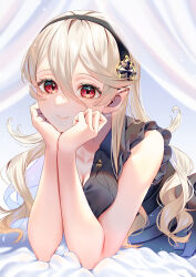 Rule 34 | 1girl, absurdres, bare shoulders, black dress, black hairband, closed mouth, collarbone, commentary request, corrin (female) (fire emblem), corrin (fire emblem), dress, fire emblem, fire emblem fates, grey hair, hair between eyes, hairband, head rest, highres, kita 282, lips, long hair, looking at viewer, lying, nintendo, pink lips, pointy ears, red eyes, sleeveless, sleeveless dress, smile, solo, twitter username, wavy hair