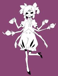 Rule 34 | 1girl, arthropod girl, cup, extra arms, extra eyes, fangs, hatsushiro mamimu, high heels, holding, holding cup, insect girl, leg up, looking at viewer, monochrome, monster girl, muffet, one eye closed, open mouth, puffy short sleeves, puffy shorts, puffy sleeves, purple background, short hair, short sleeves, shorts, sketch, smile, solo, spider girl, teacup, teapot, undertale