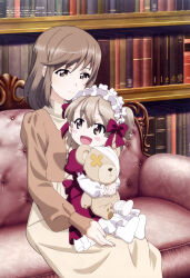 Rule 34 | 2girls, :d, absurdres, aged down, bandages, blush stickers, boko (girls und panzer), book, bookshelf, brown dress, brown eyes, brown hair, closed mouth, couch, dress, girls und panzer, hair between eyes, hair ribbon, highres, holding, holding stuffed toy, hug, indoors, itou takeshi, lolita fashion, long hair, looking at another, maid headdress, megami magazine, mother and daughter, multiple girls, official art, open mouth, red dress, ribbon, scan, sidelocks, smile, socks, stuffed animal, stuffed toy, teddy bear, white socks