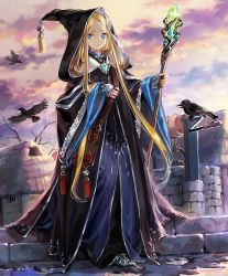 Rule 34 | 1girl, artist request, bare tree, bird, blonde hair, blue eyes, cloak, crow, fingerless gloves, forehead, gloves, holylight convert, hood, hood up, jewelry, long hair, looking at viewer, official art, parted bangs, ring, robe, shadowverse, solo, staff, tree, very long hair, well, wide sleeves