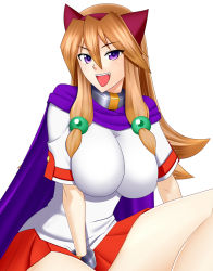 Rule 34 | 1girl, animal ears, aq interactive, arcana heart, arcana heart 2, artist request, bracelet, breasts, brown hair, cape, dog ears, examu, fang, hair ornament, inuwaka akane, jewelry, large breasts, long hair, looking at viewer, open mouth, purple eyes, scarf, school uniform, skirt, smile