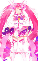 Rule 34 | 1girl, absurdres, aisha landar, boots, bow, curly hair, elbow gloves, ewrefd, gloves, hair ornament, heart, heart hands, highres, long hair, looking at viewer, magical girl, metamorphy (elsword), multicolored hair, one eye closed, pink eyes, pink hair, purple bow, purple hair, signature, simple background, smile, solo, thigh boots, thighhighs, twintails, white background, white footwear, white gloves