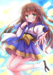 Rule 34 | 1girl, black footwear, blue scarf, blue skirt, blunt bangs, blush, breasts, brown hair, closed mouth, commentary request, geta, gochuumon wa usagi desu ka?, green eyes, japanese clothes, kimono, kimono skirt, long hair, long sleeves, looking at viewer, multicolored background, obi, one side up, outstretched arm, sakuraume, sash, scarf, shoes, skirt, small breasts, smile, socks, solo, standing, standing on one leg, tabi, ujimatsu chiya, white socks, wide sleeves