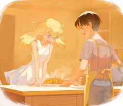 Rule 34 | 1boy, 1girl, :d, aged down, ajiro shinpei, apron, artist name, bare arms, bare shoulders, black hair, blonde hair, blue eyes, breasts, chinese commentary, commentary request, cooking pot, counter, cup, curry, dress, food, highres, indoors, kitchen, kofune ushio, looking at another, looking down, mordin99, open mouth, orange theme, pants, plate, shirt, sleeveless, sleeveless dress, smile, standing, summertime render, sundress, table, white dress, white shirt, yellow apron, yellow theme