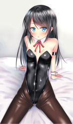 Rule 34 | 10s, 1girl, asashio (kancolle), bad id, bad pixiv id, bed sheet, black hair, black pantyhose, blue eyes, blush, breasts, cameltoe, detached collar, highres, kantai collection, leotard, long hair, open mouth, pantyhose, playboy bunny, puririn, red ribbon, ribbon, small breasts, solo