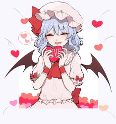 Rule 34 | 1girl, ascot, back bow, bat wings, blue hair, blush, border, bow, closed eyes, commentary request, english text, facing viewer, fang, grey border, hands up, hat, hat ribbon, heart, holding, holding heart, katai (nekoneko0720), mob cap, open mouth, pink hat, pink shirt, pink skirt, red ascot, red bow, red ribbon, remilia scarlet, ribbon, shirt, short hair, short sleeves, skirt, smile, solo, spoken heart, touhou, upper body, white background, wings, wrist cuffs
