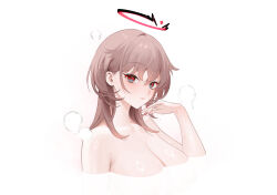 Rule 34 | 1girl, azur lane, bath, breasts, brown hair, cleavage, duca degli abruzzi (azur lane), halo, highres, large breasts, looking at viewer, nude, ohisashiburi, partially submerged, red eyes, shiny skin, simple background, solo, steam, white background
